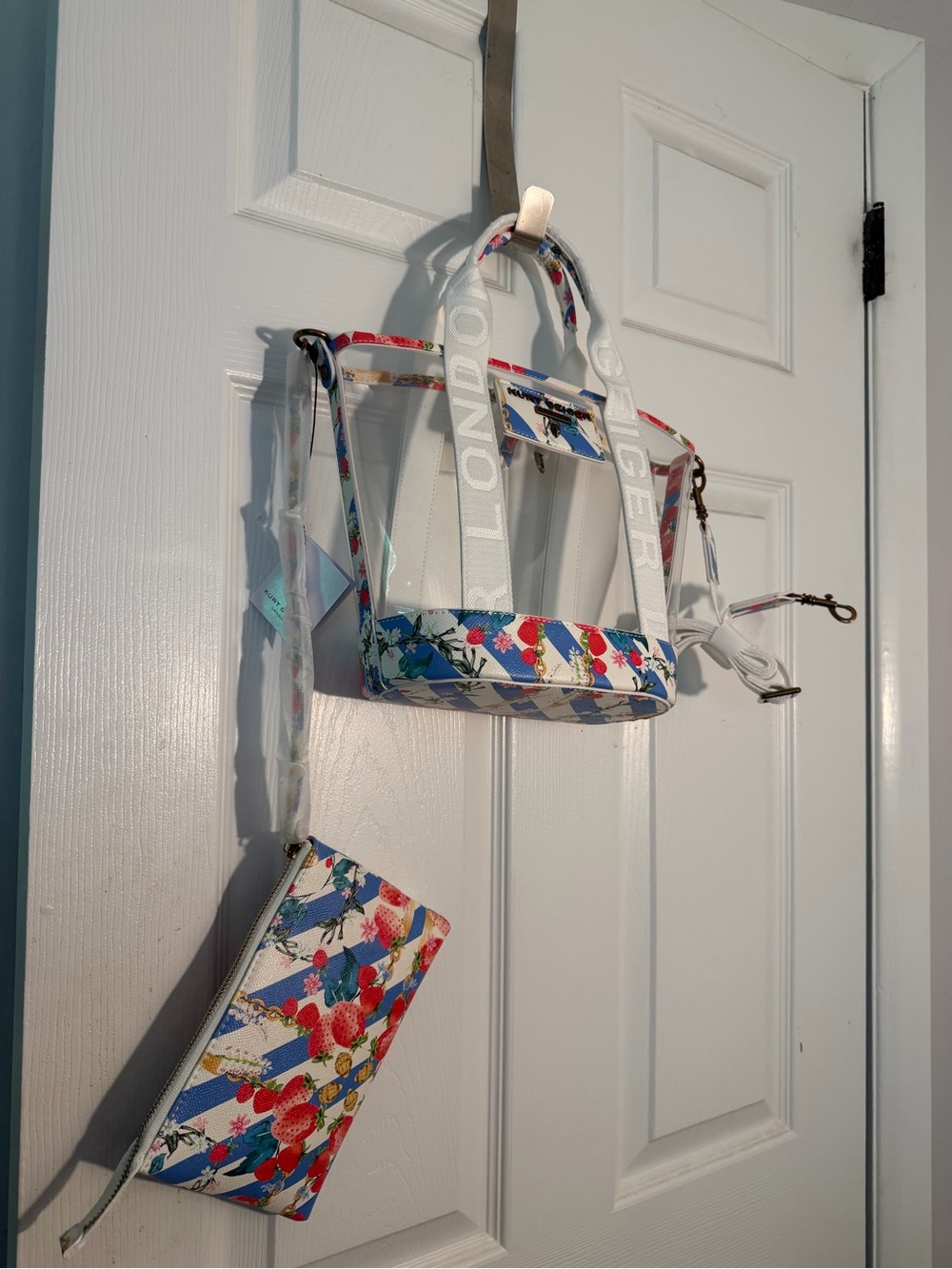 Kurt Geiger Hampton small Vinyl White Floral & Blue Stripe Tote with Logo Plaque